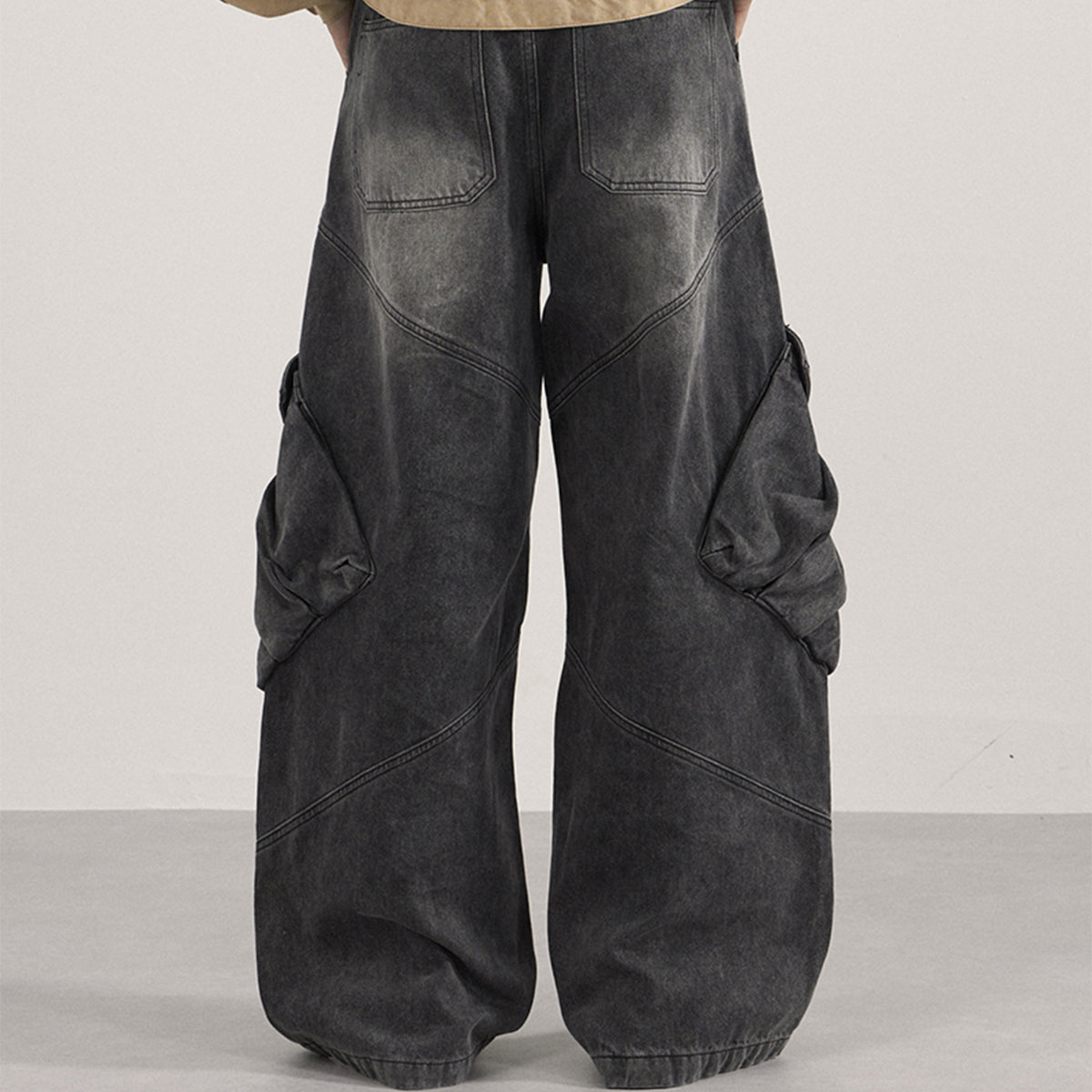 Cargo Wide Leg Distressed Wash Denim Jeans