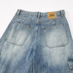 Distressed Cargo Style Wide Leg Denim Jeans