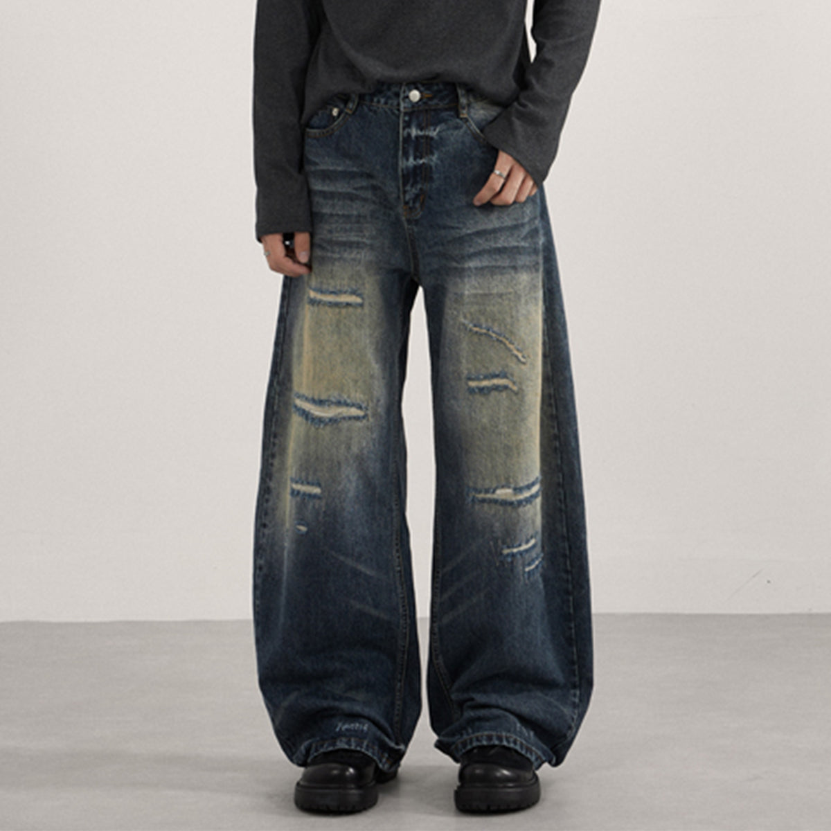 Ripped Wide Leg Vintage Fade Distressed Denim Jeans