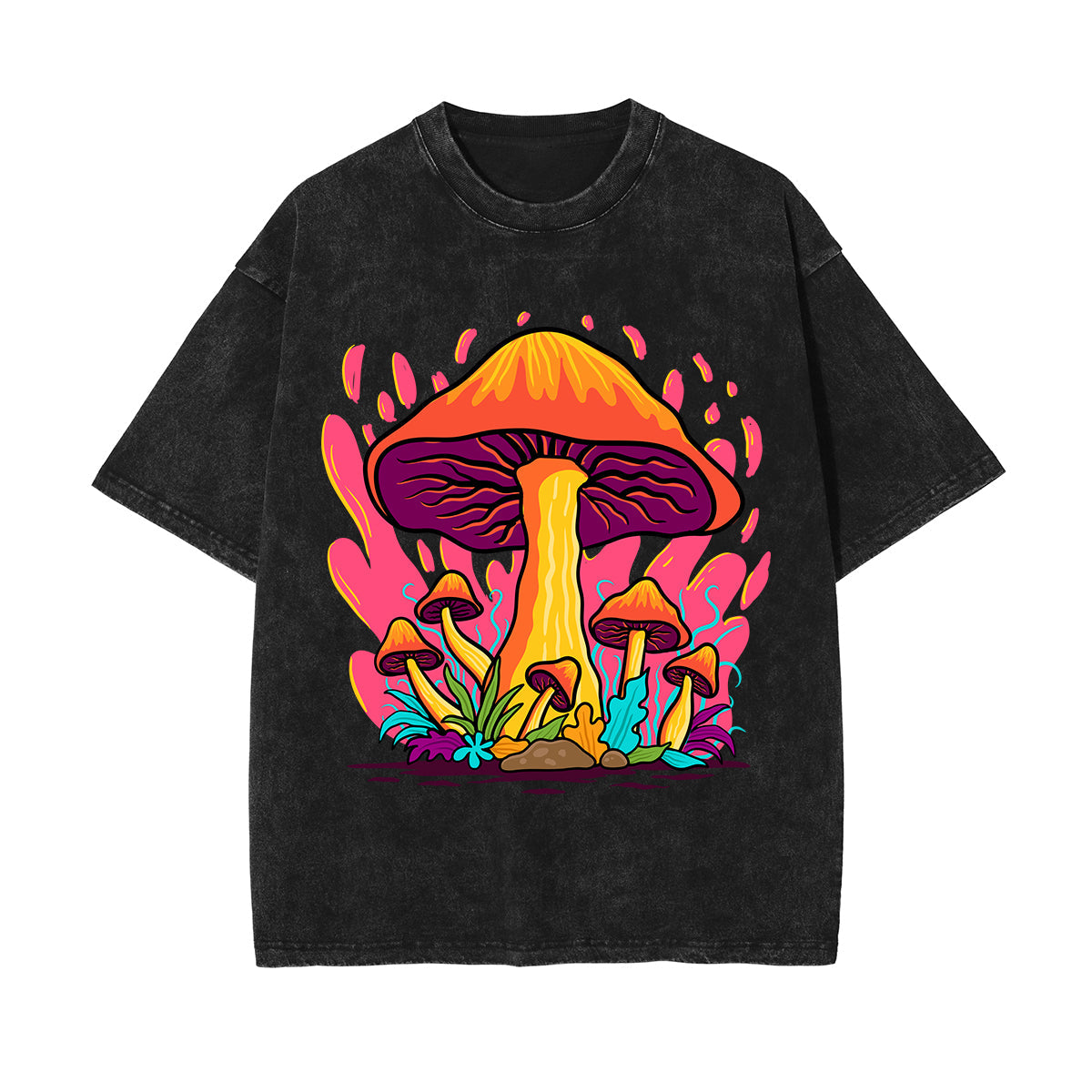 Neon Mushroom Stone Wash Graphic Tee-INNBLAC Fashion Apparel