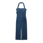 Halter Neck Fitted Denim Midi Dress