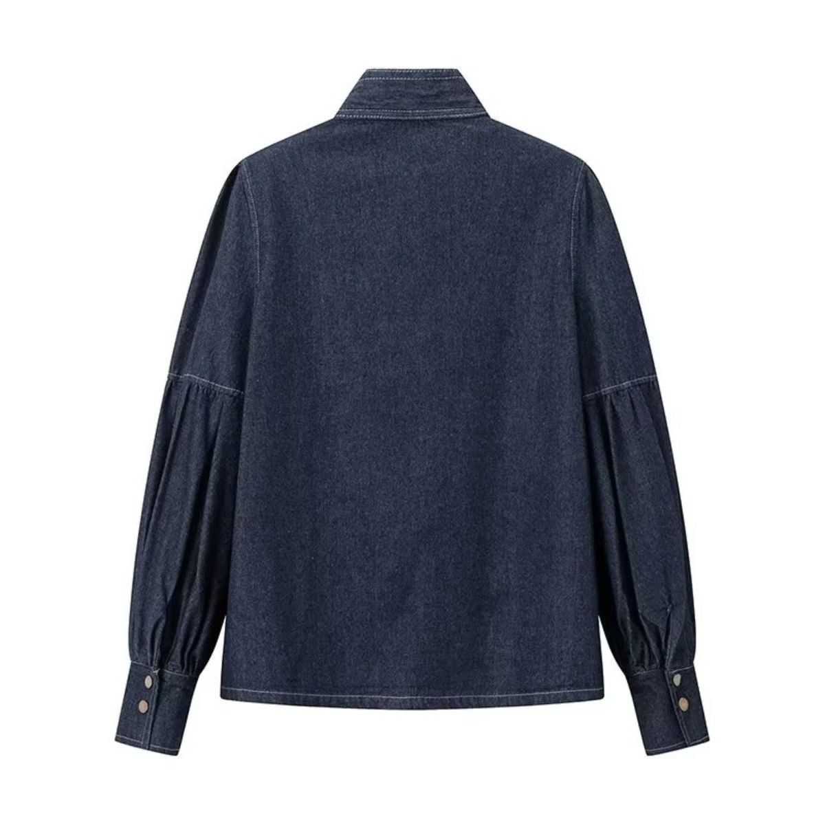 Stand-up Collar Bow Denim Blouse