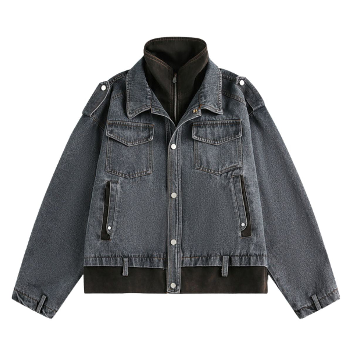 Retro Patchwork Two-in-one Design Functional Style Stand Collar Denim Jacket