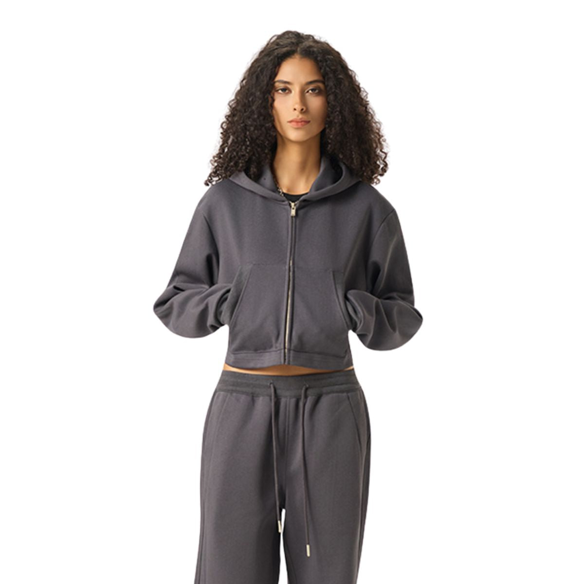 Women's Solid Zip-Front Cropped Hoodie