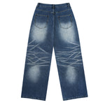 Deep Blue Washed Cat Whisker A-Line Straight Baggy Denim Jeans