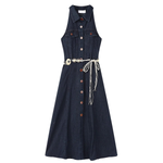 Button-Front Sleeveless Denim Belted Shirt Dress