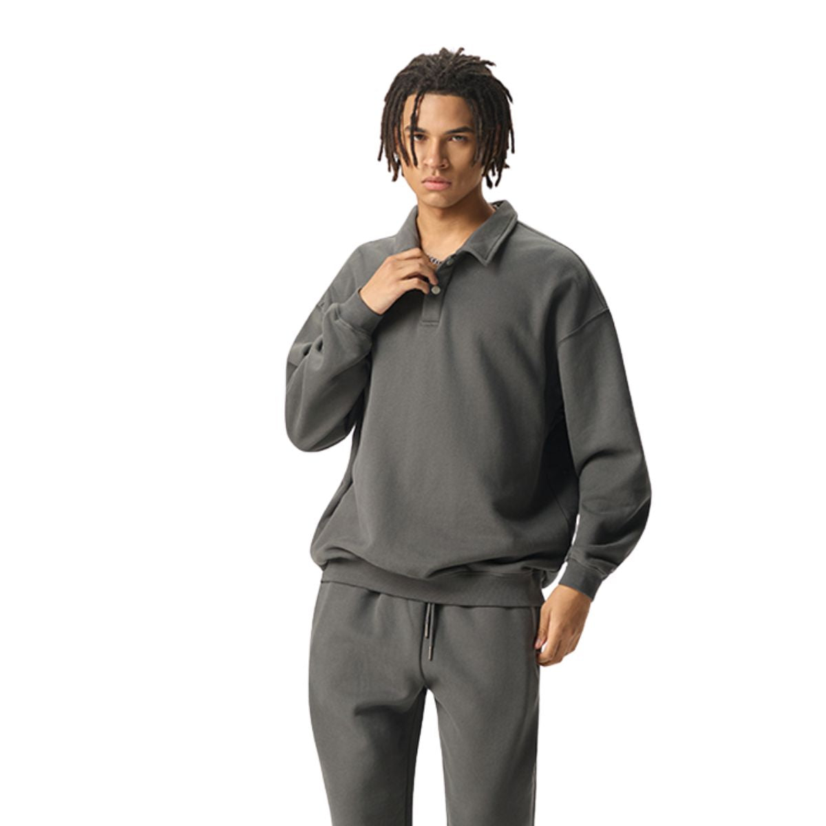Solid Color Fleece Polo Collar Sweatshirt