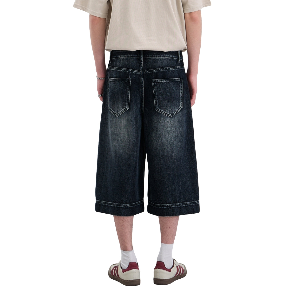 Double-Button Whiskered Wide-Leg Denim Shorts