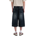 Double-Button Whiskered Wide-Leg Denim Shorts