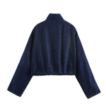 Zip-Front GatheredContrast Stripes Denim Jacket