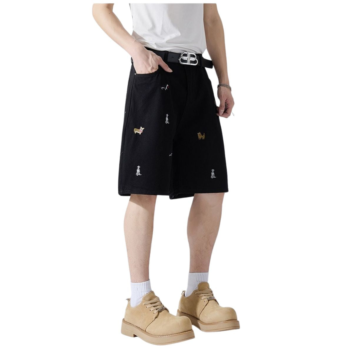 Dog Embroidery Loose Fit Denim Shorts
