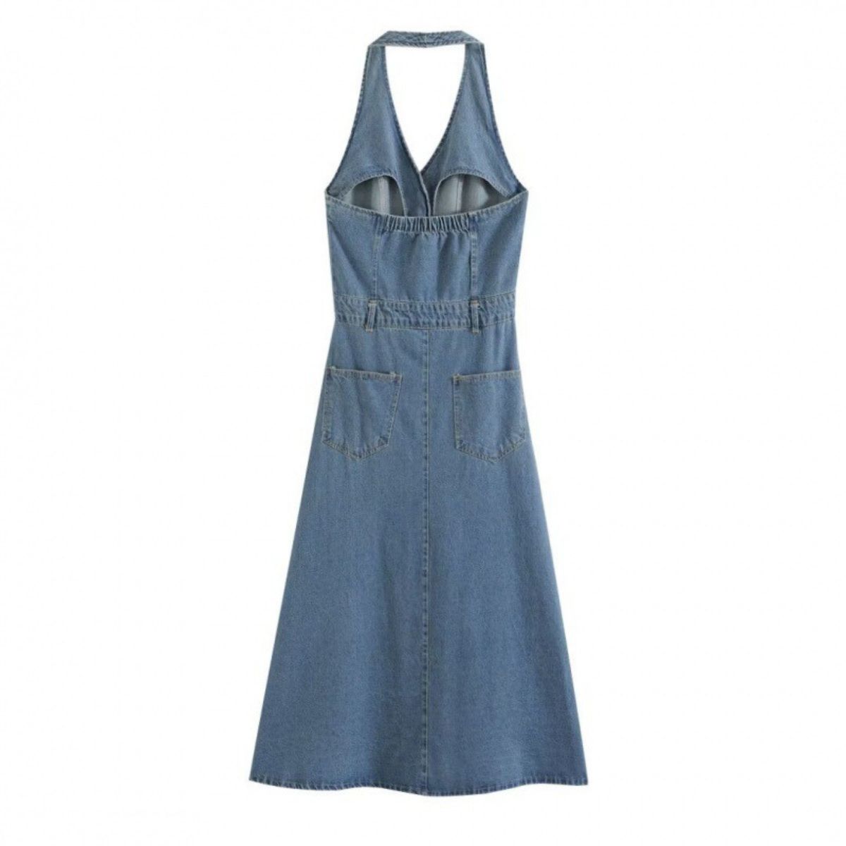 Halter Neck A-Line Denim Midi Dress