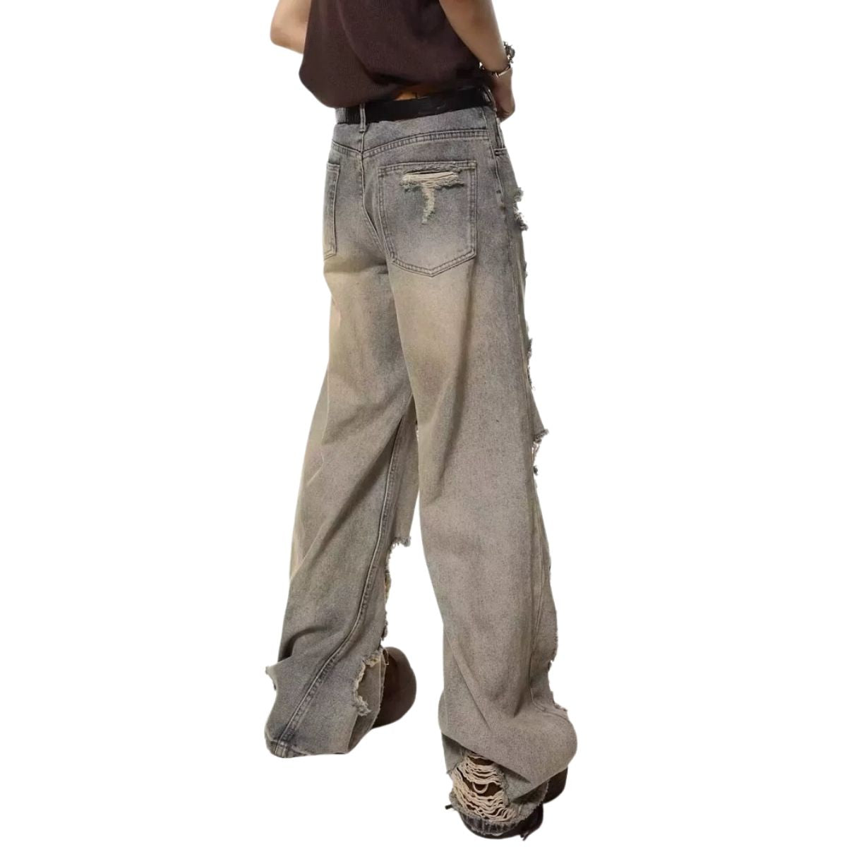 Vintage Distressed Wide Straight Leg Denim Jeans