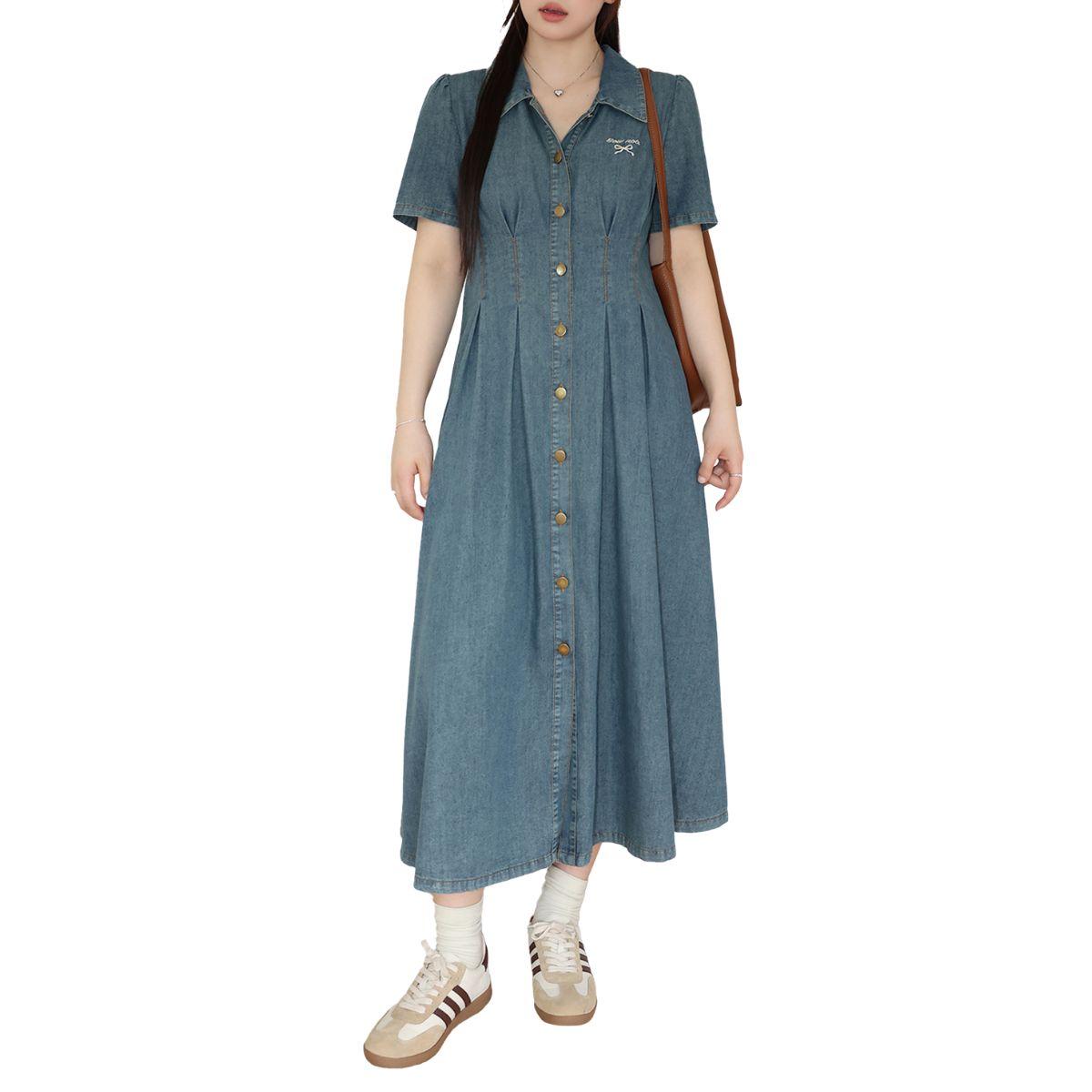 Bow-Embroidered Corset Denim Midi Dress