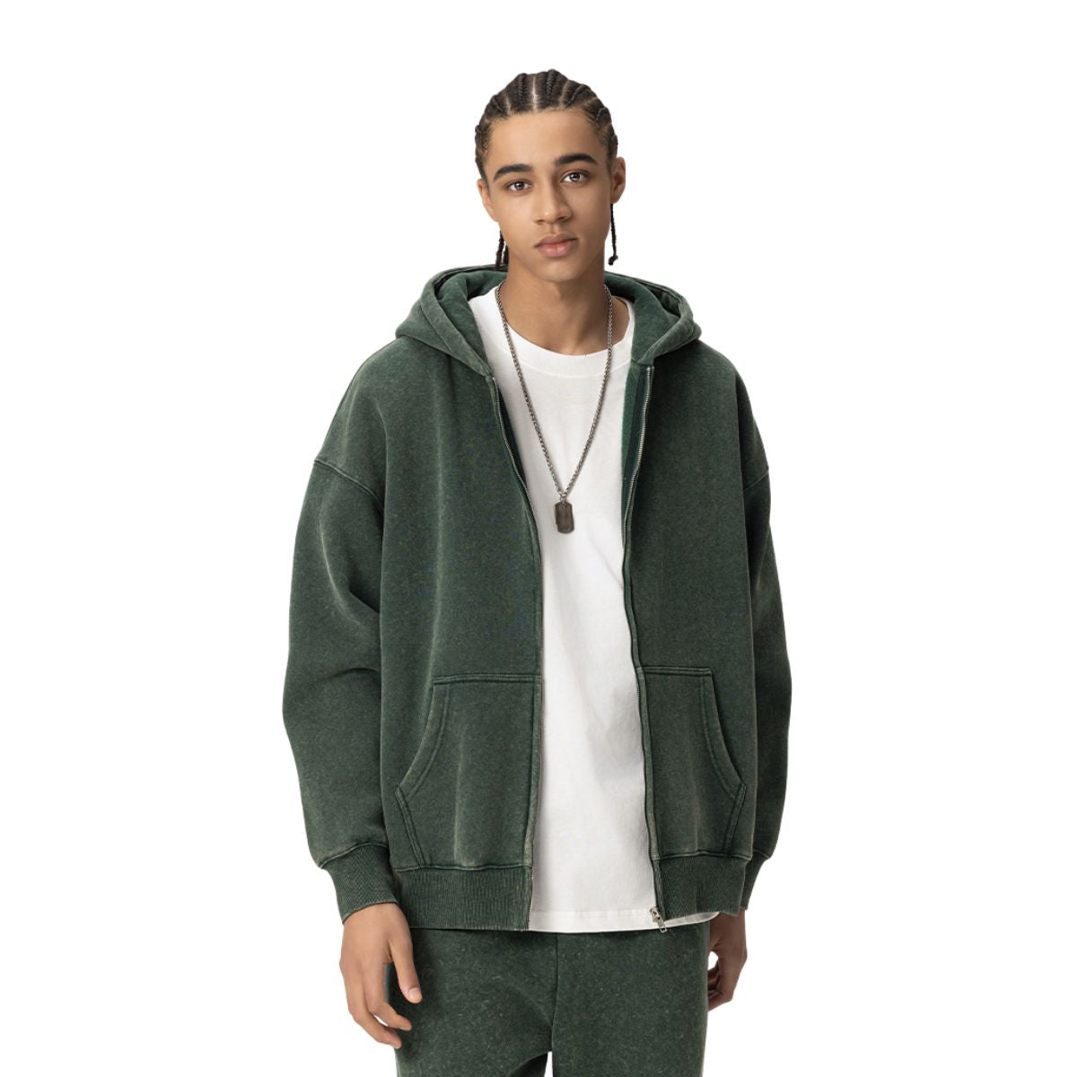 Stone Wash Zip-Front Fleece Hoodie