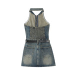 Halter Neck Belted Ripped Denim Mini Dress