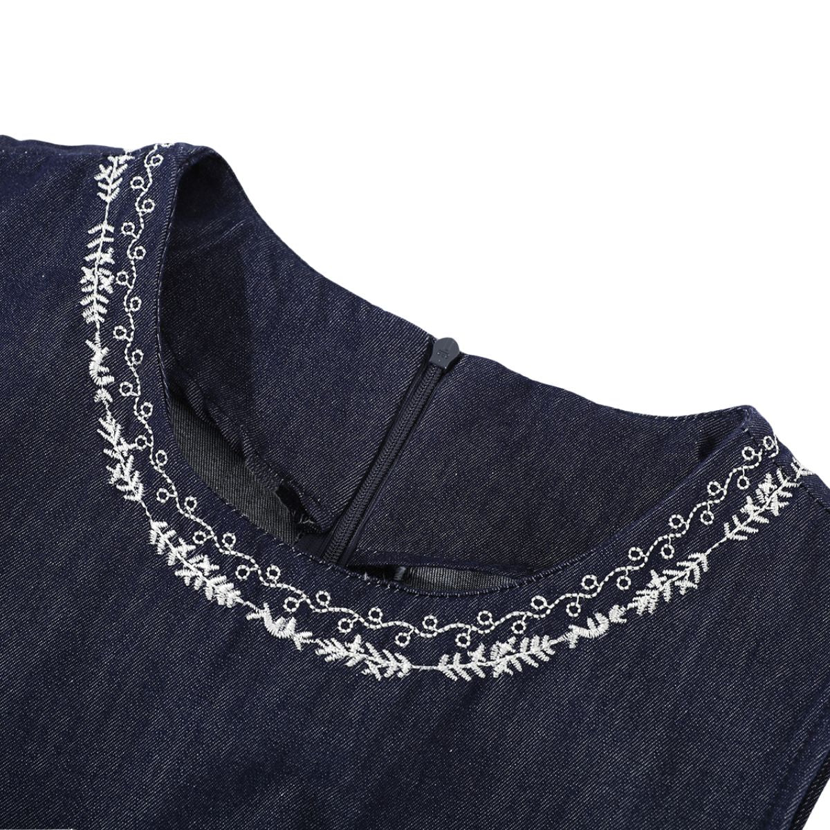 Embroidery Sleeveless Belted Denim Midi Dress