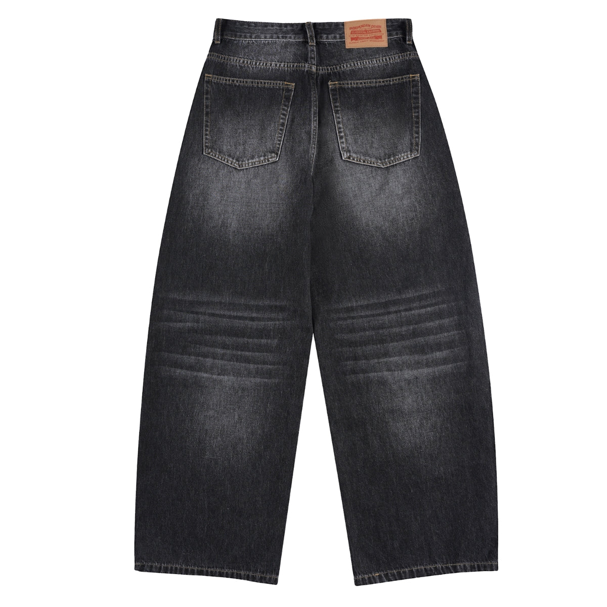 Faded Crackle Wash Baggy Curved Leg Denim Jeans