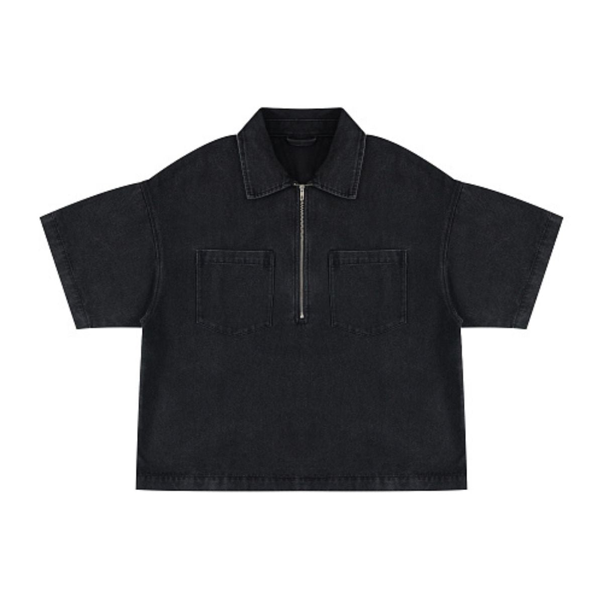 Vintage Washed Denim Zip Polo Shirt