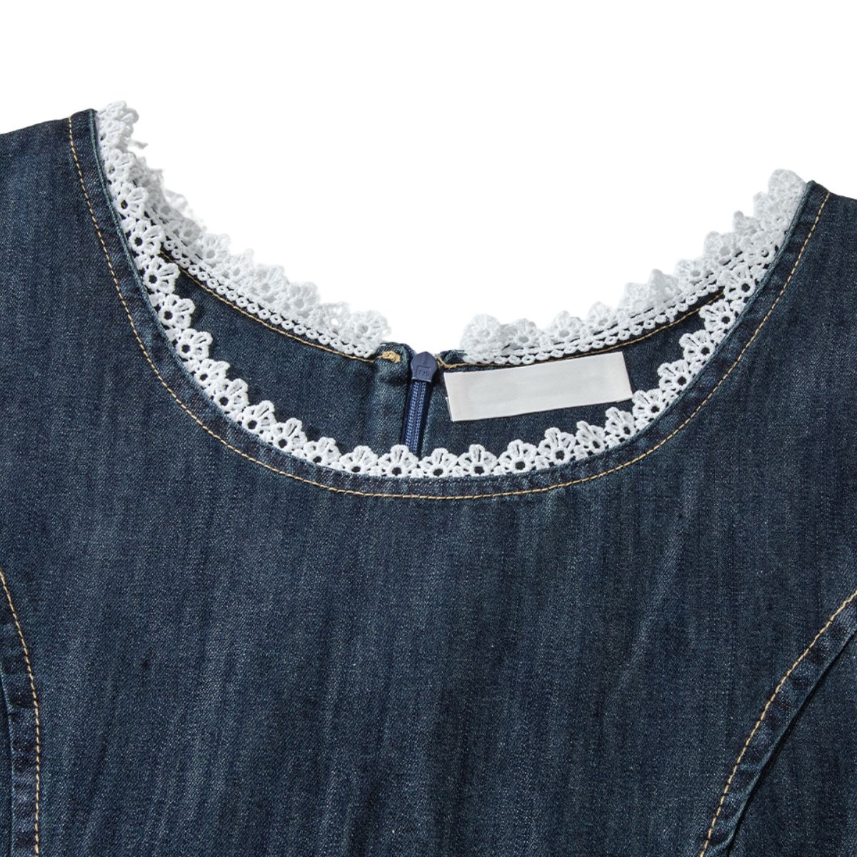Lace Trim Puff Sleeve Denim Midi Dress