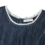 Lace Trim Puff Sleeve Denim Midi Dress