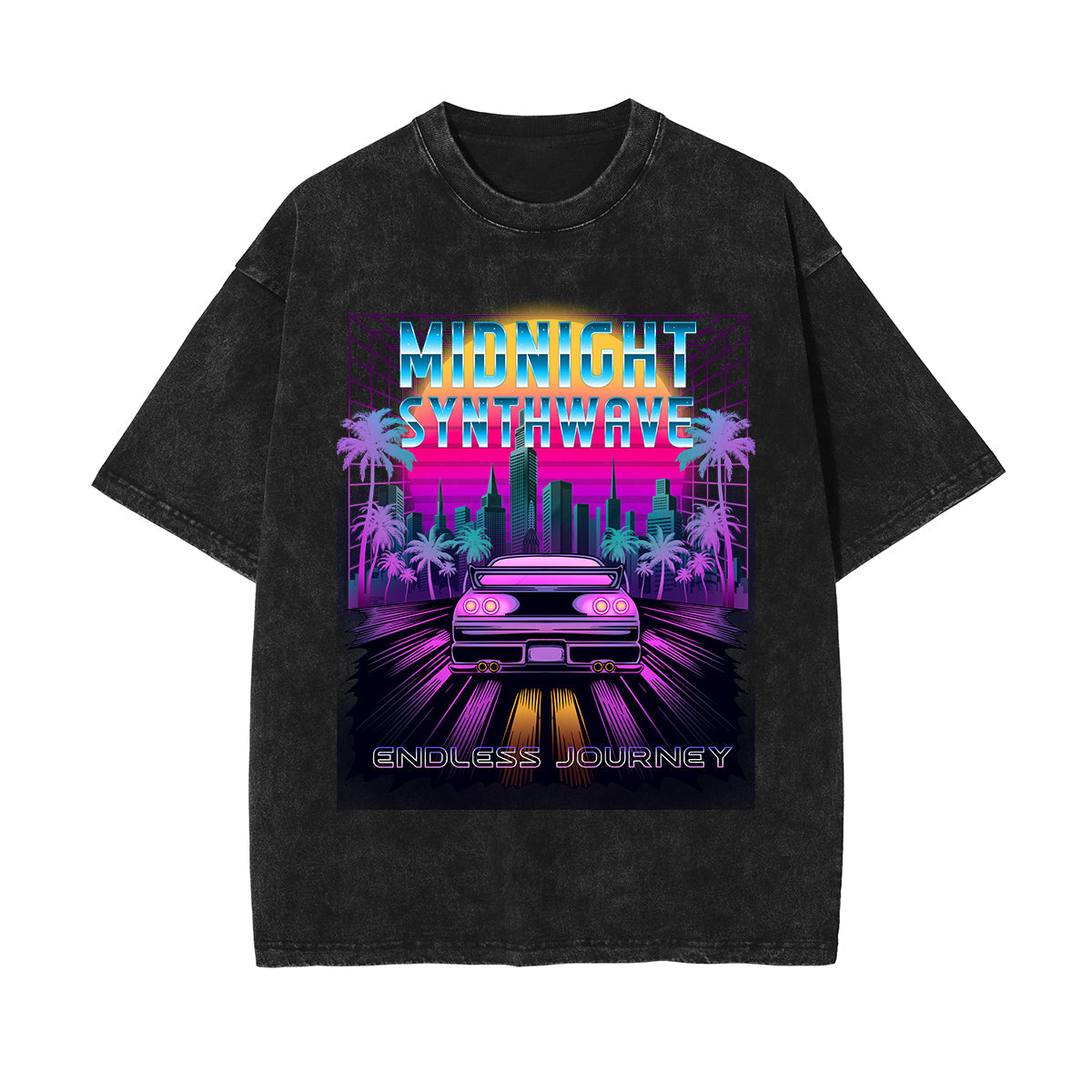 Midnight Synthwave Graphic Washed Tee-INNBLAC Fashion Apparel