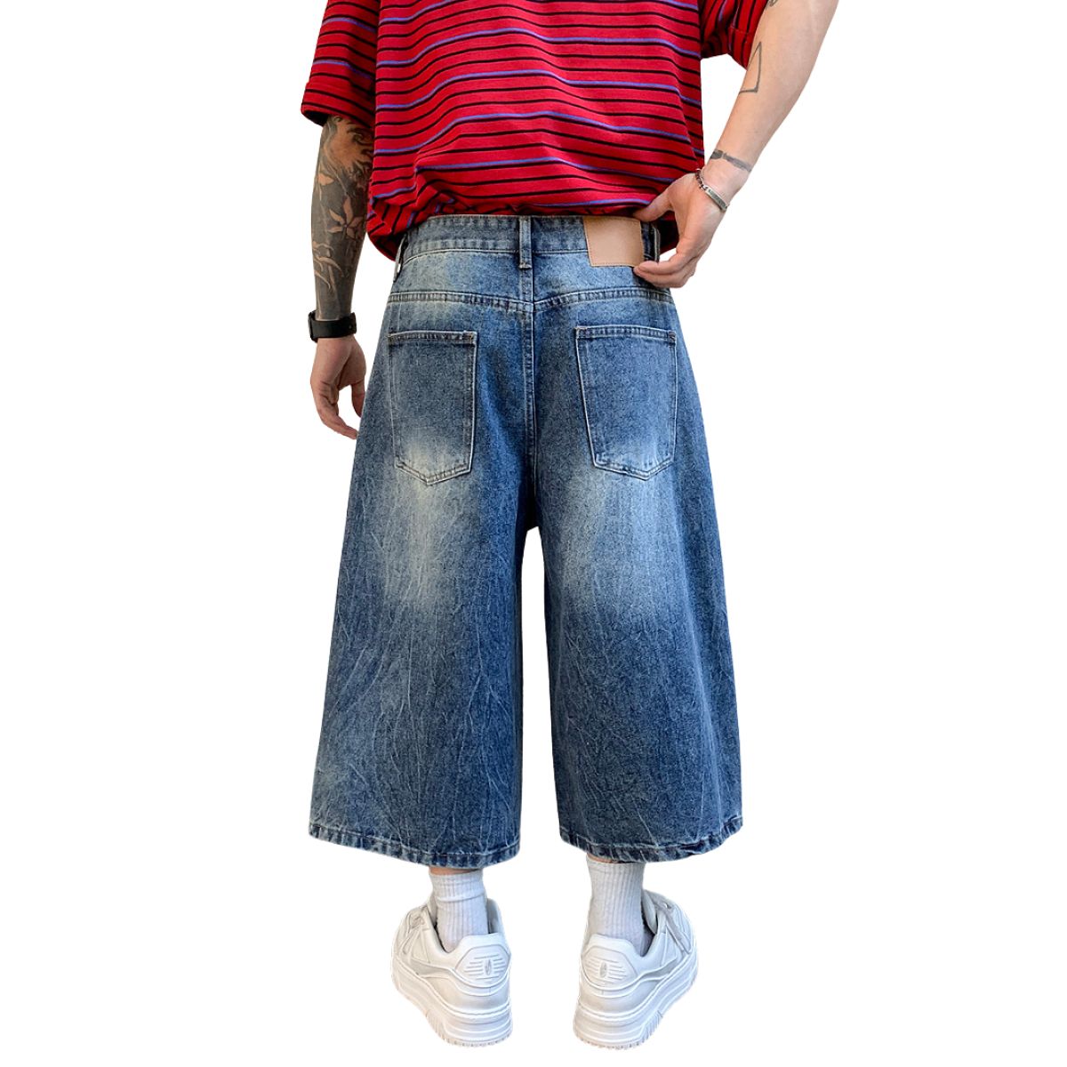 Vintage Scratched Wash Wide Leg Denim Shorts