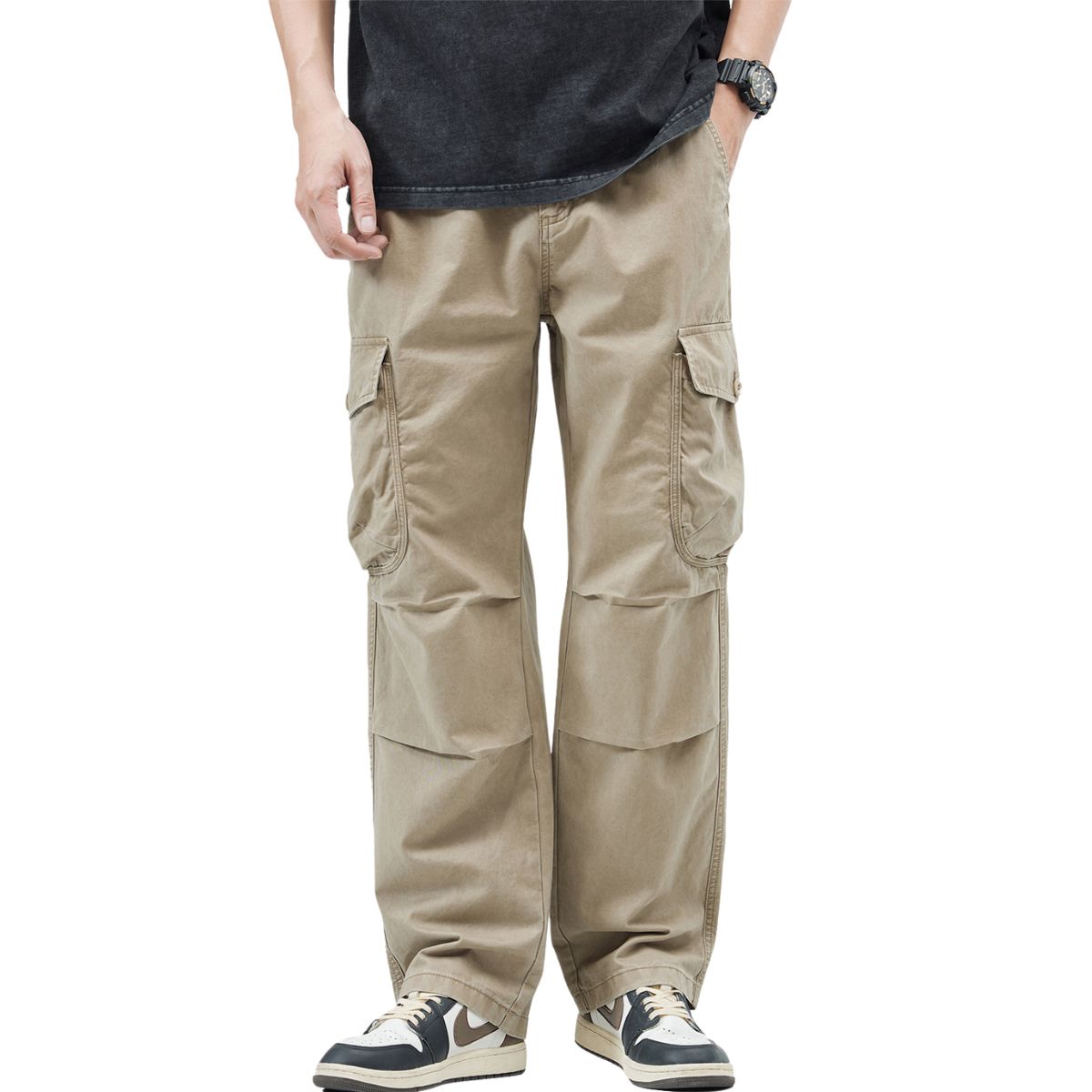 Khaki Straight Leg Cargo Pants-INNBLAC Fashion Apparel