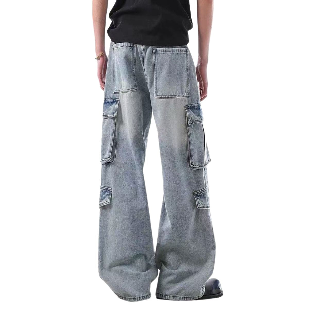 Vintage Wash Multi-Pocket Cargo Straight Leg Denim Jeans