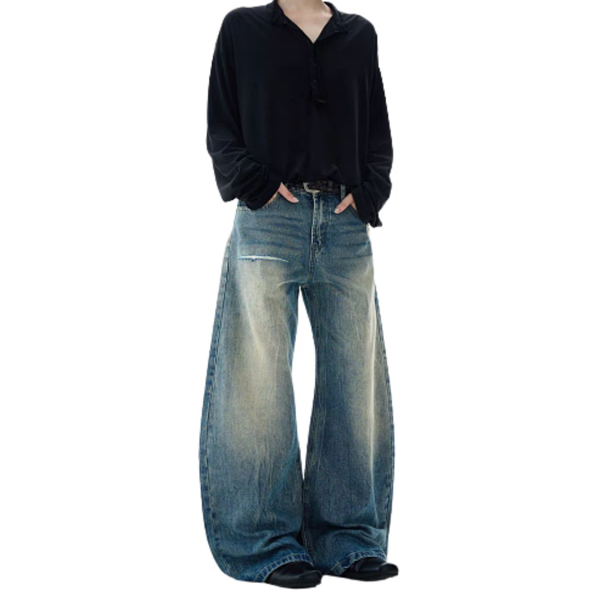 Bleached Fade Curved Leg Baggy Denim Jeans
