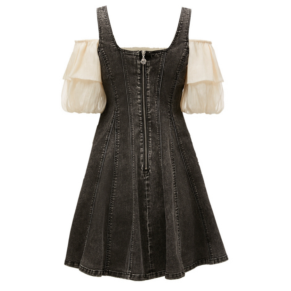 Puff Sleeves Button Front Denim Mini Dress