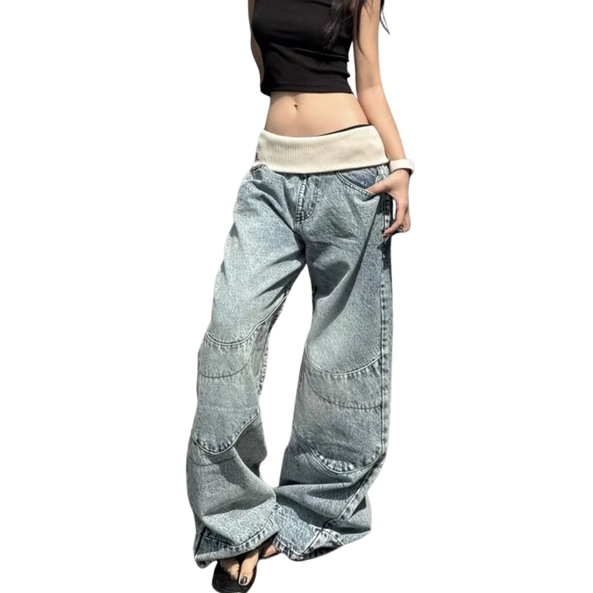 Contrast Waist Wide Straight Denim Jeans