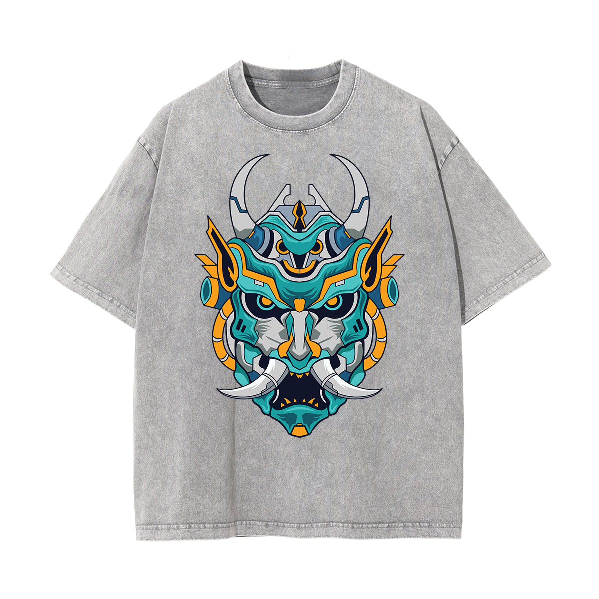 Oni Mask Mecha Washed Graphic Tee-INNBLAC Fashion Apparel