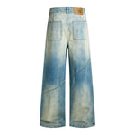 Retro Distressed Washed Baggy Patchwork Zip-Detail Relaxed Straight Fit Denim Jeans