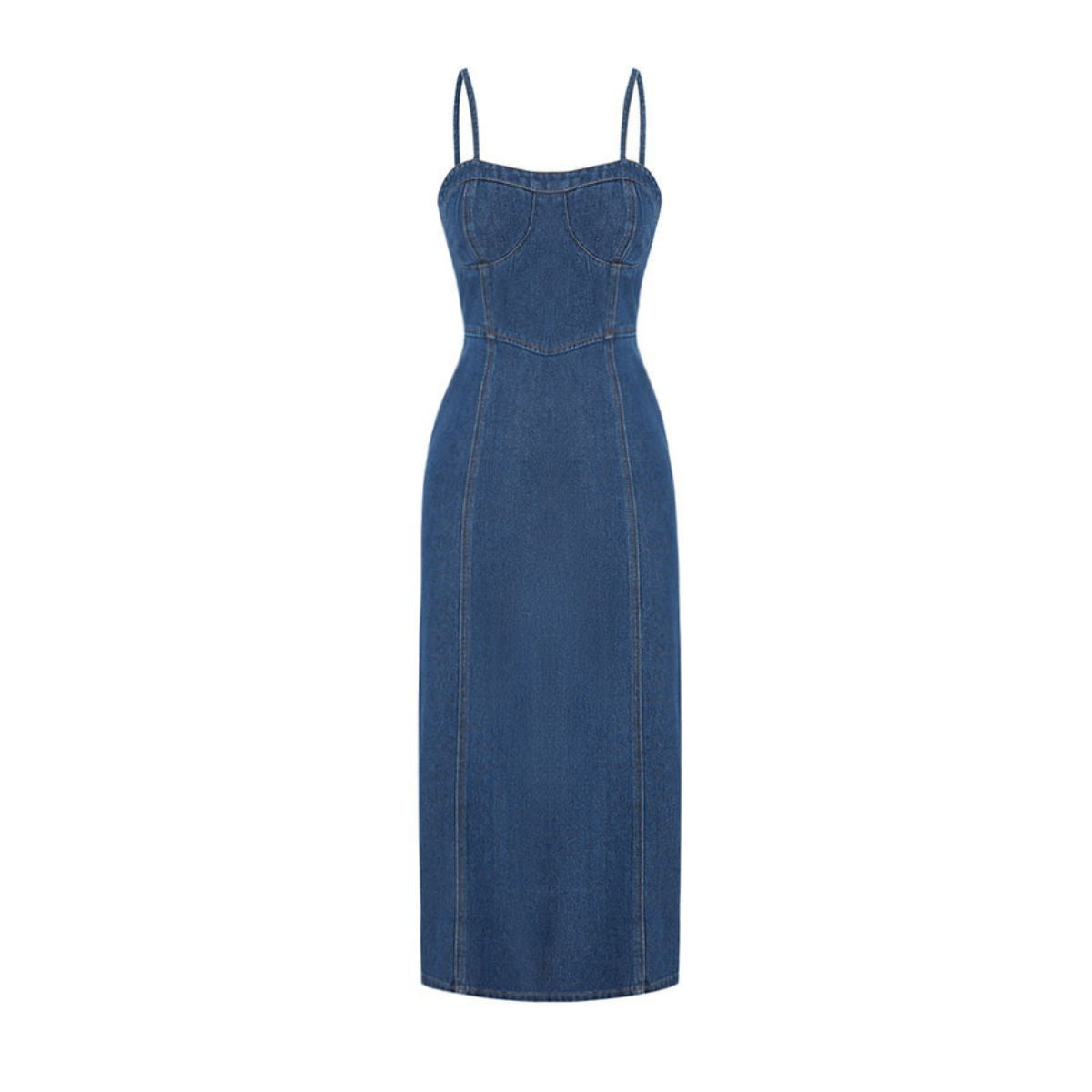 Spaghetti Straps Fitted Denim Midi Dress