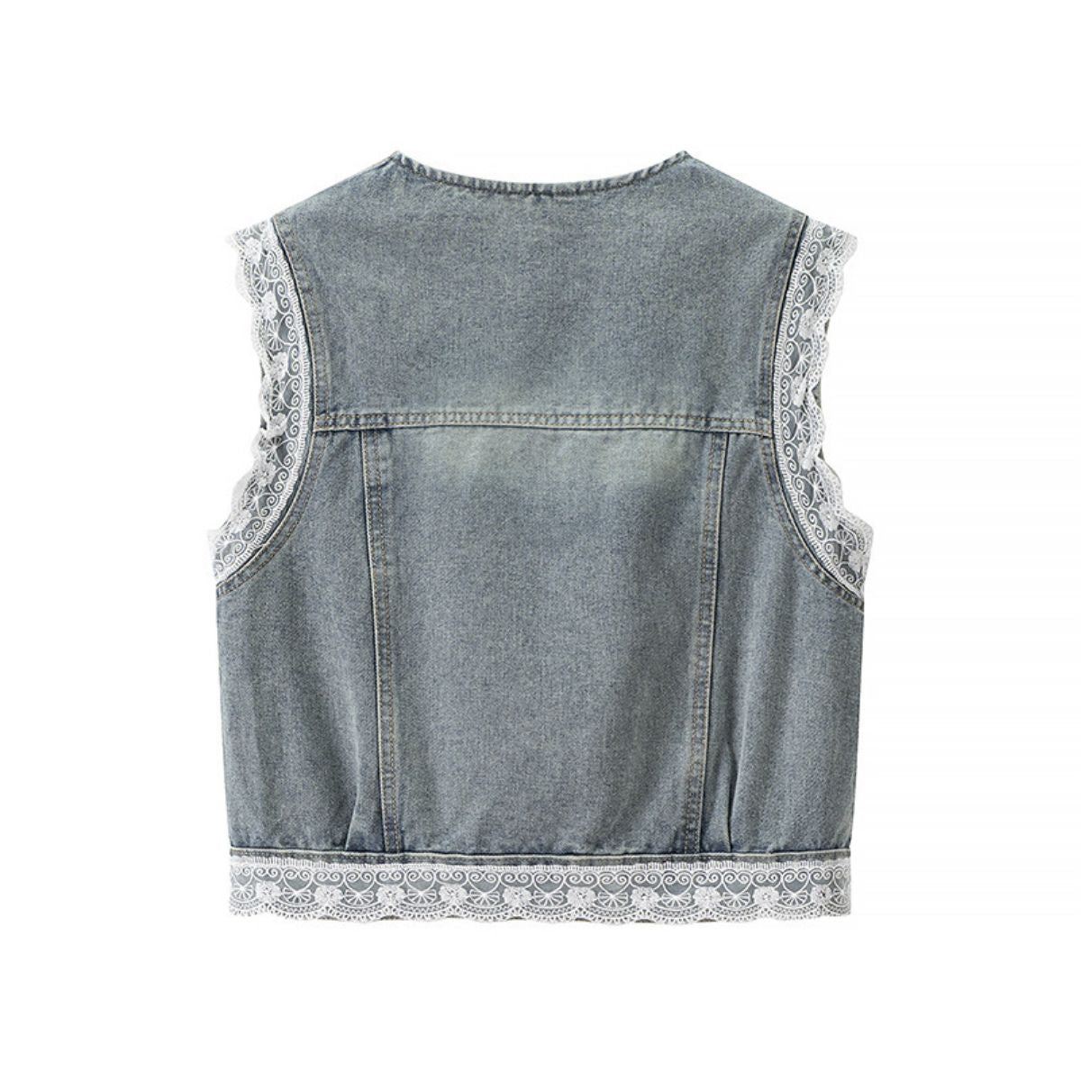Vintage Wash Lace Trim Denim Vest