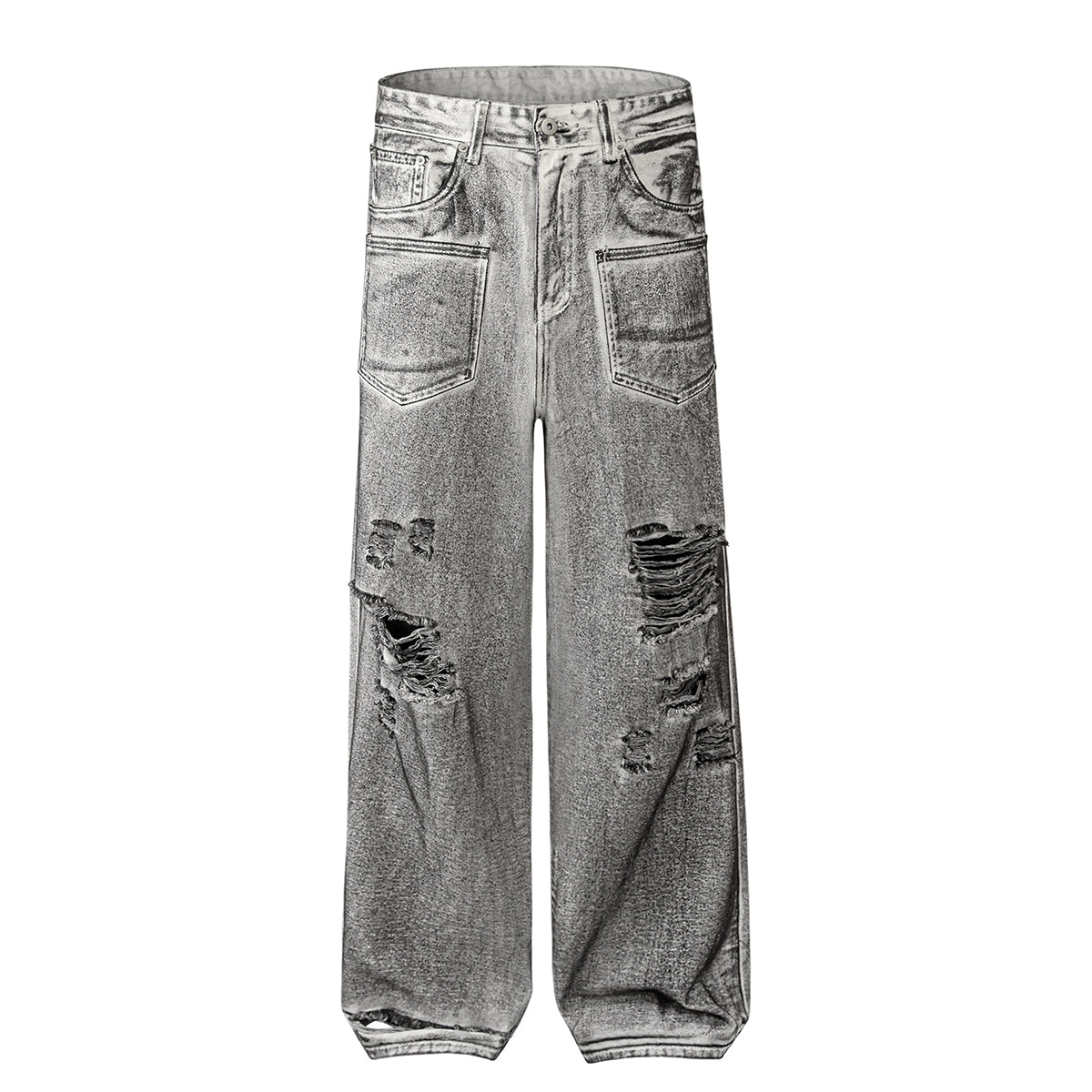 Acid Wash Destroyed Wide-Leg Jeans