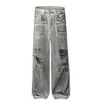 Acid Wash Destroyed Wide-Leg Jeans