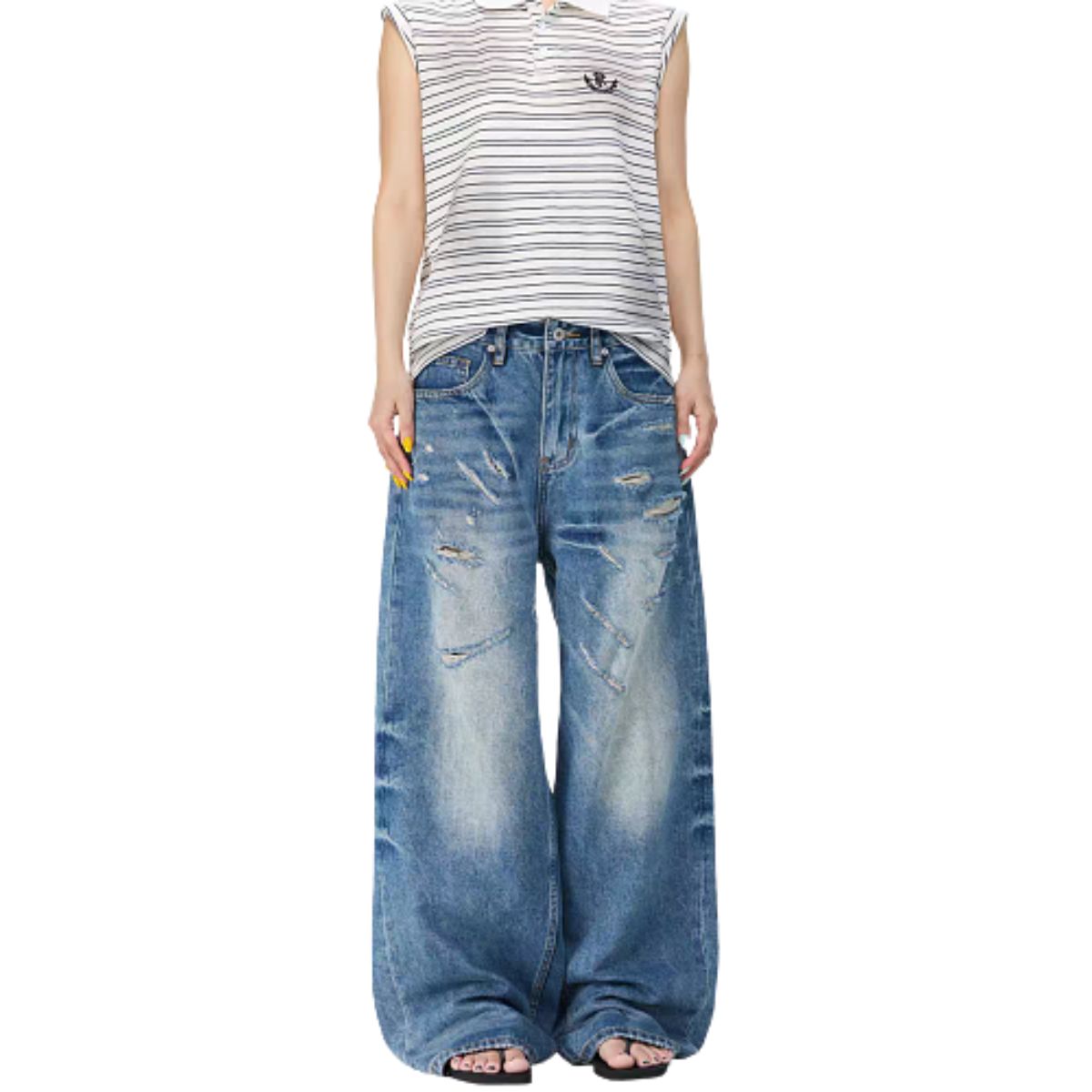 Bleached Rip Curved Wide Leg Denim Jeans