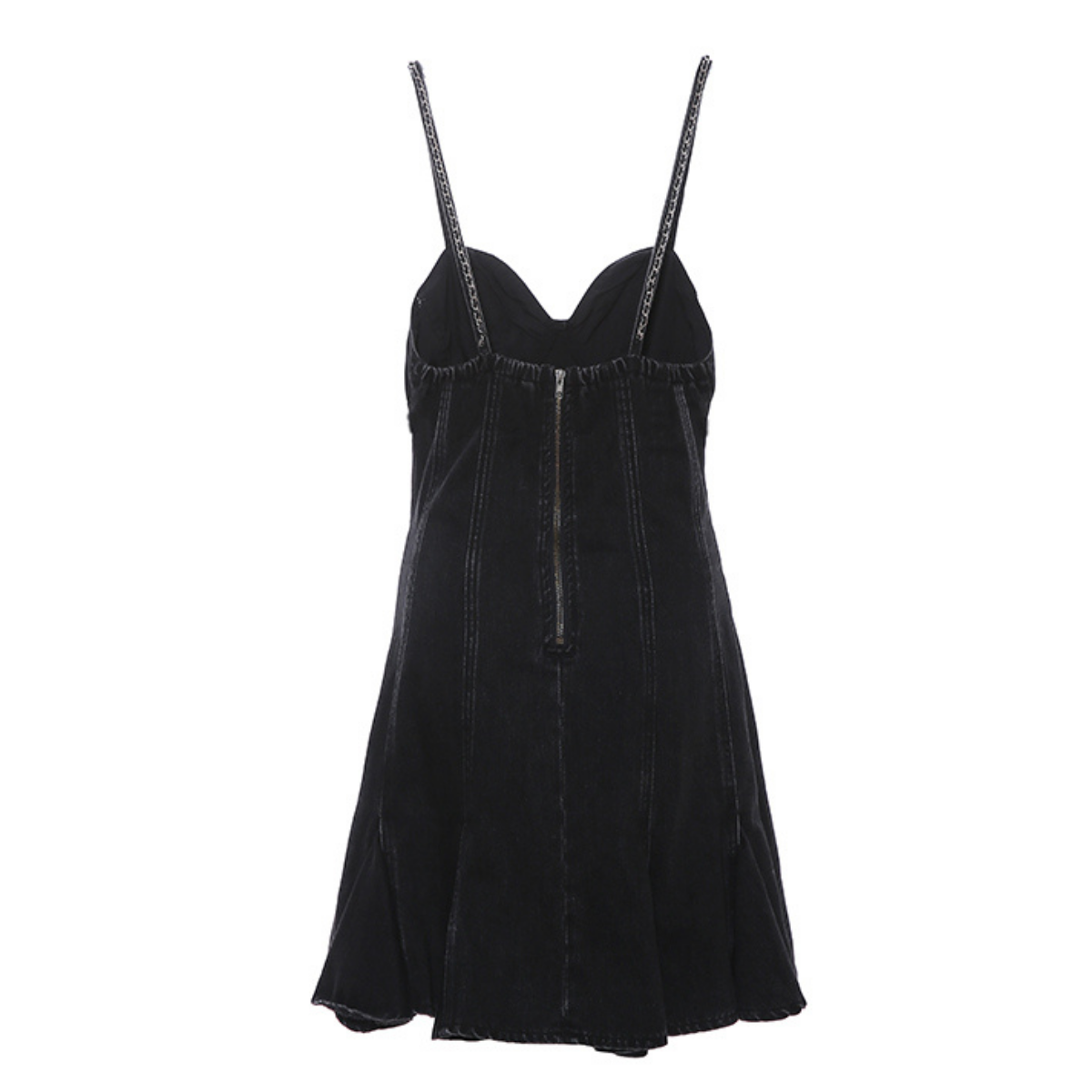 Embroidered Beaded Denim Metal-Strap Mini Dress