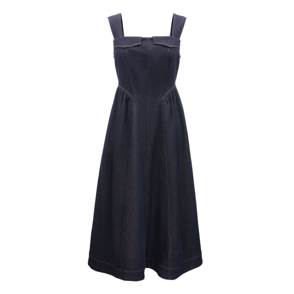 Square Neck Flared A-Line Denim Midi Dress