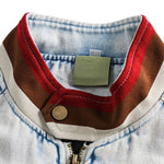 American Trendy Washed Color-blocking Stand-up Collar Denim Jacket