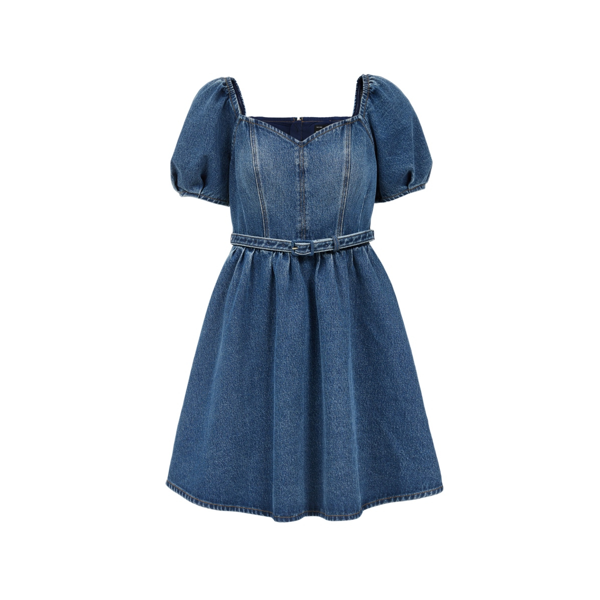 Puff Sleeve Belted Denim Mini Dress