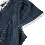 Lace Trim Puff Sleeve Denim Midi Dress