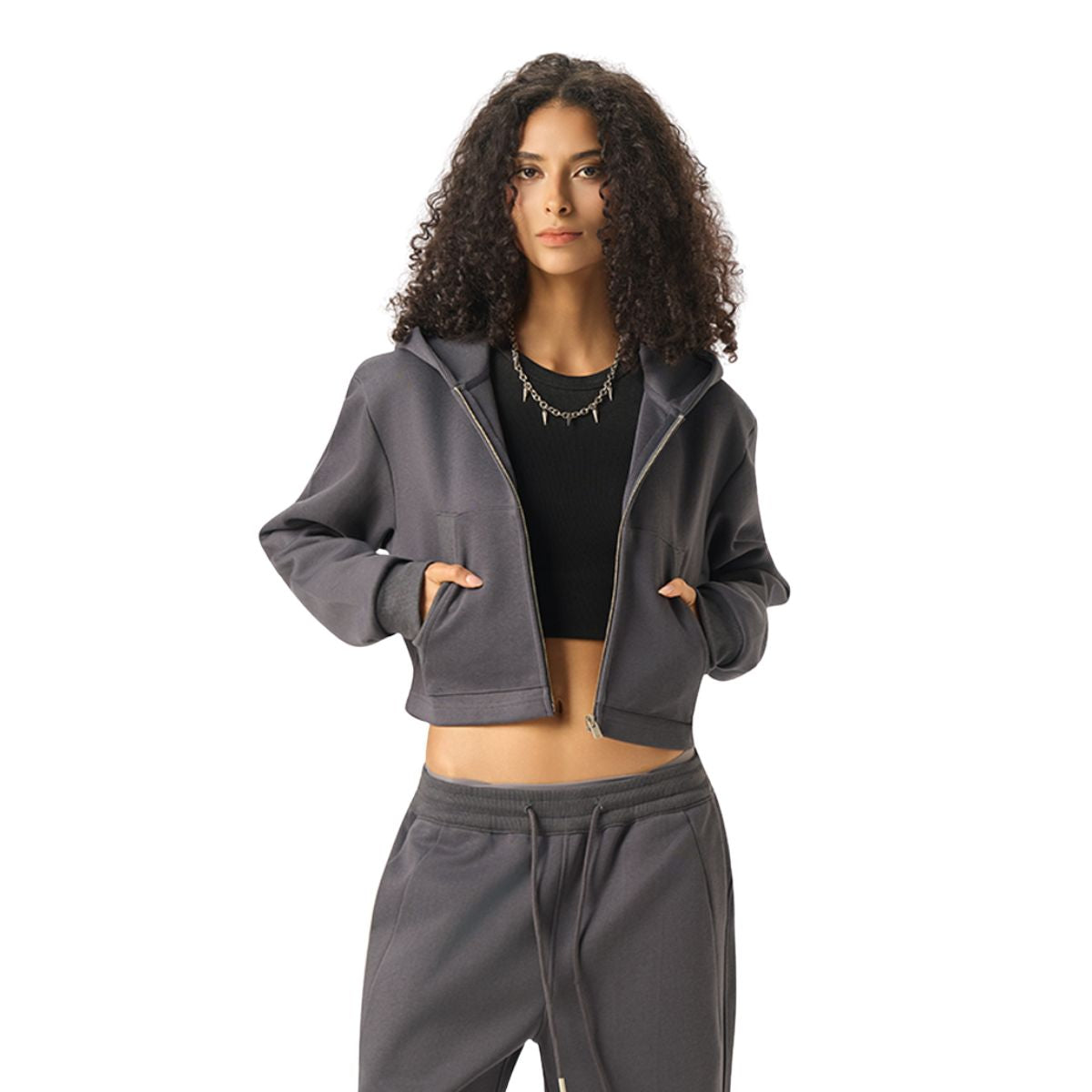 Women's Solid Zip-Front Cropped Hoodie