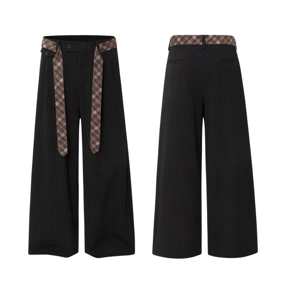 Washed Stripe Plaid Belt Relaxed Pants