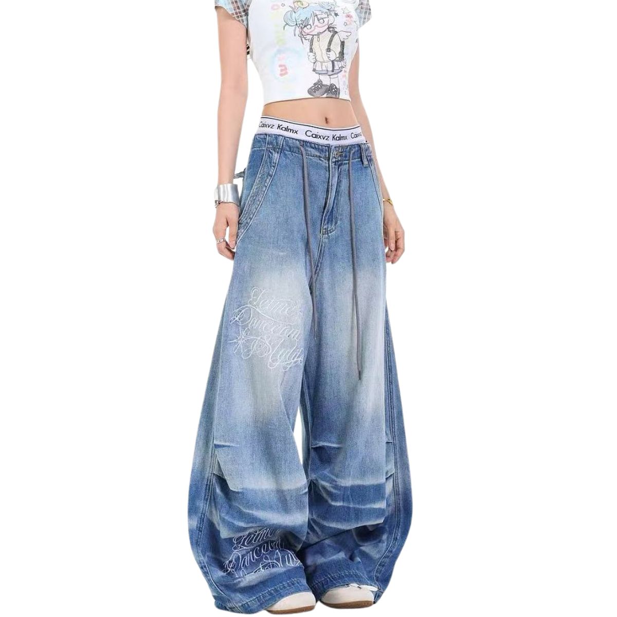 Washed Drawstring Wide Leg Denim Pants