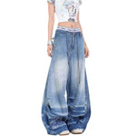 Washed Drawstring Wide Leg Denim Pants