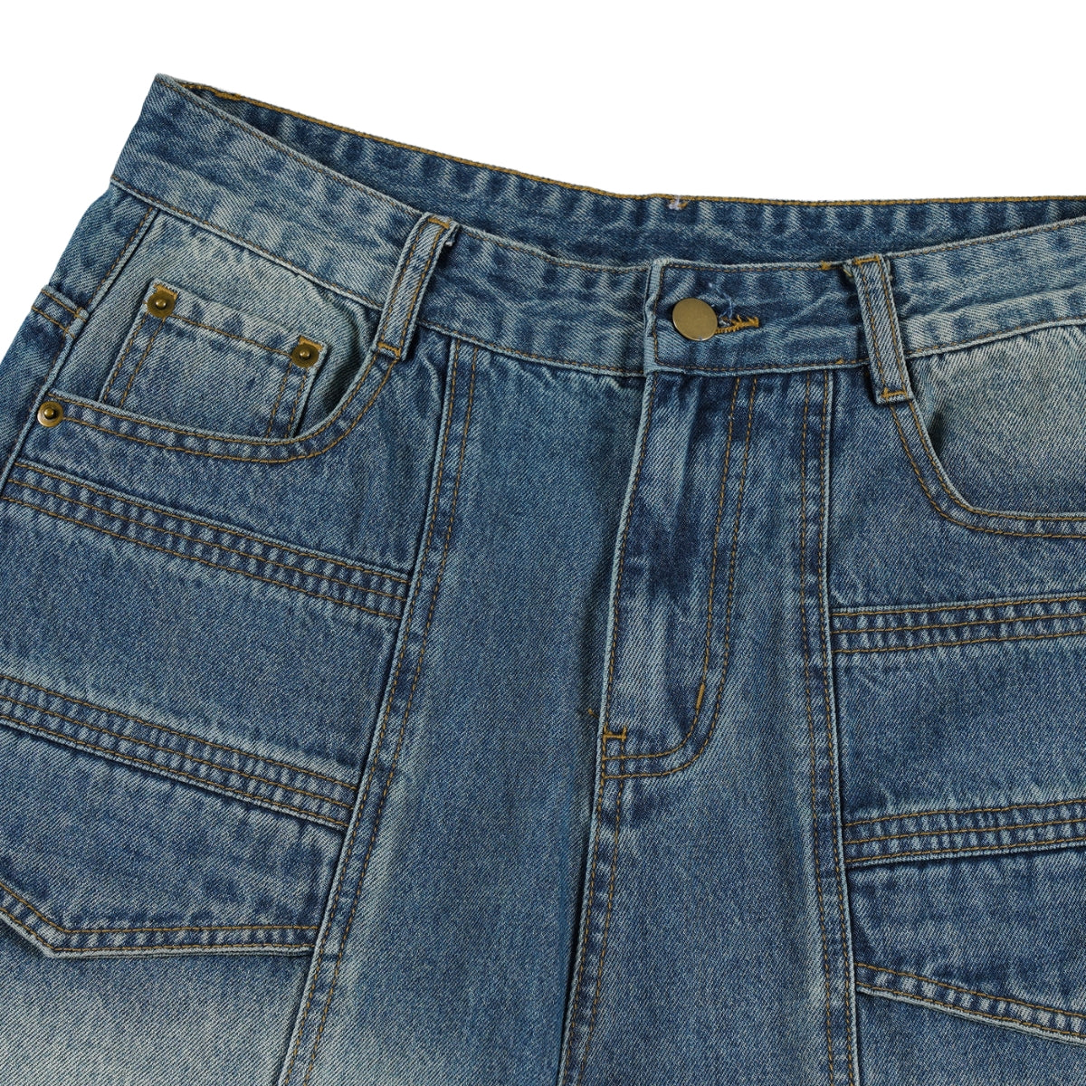 Vintage Wash Faux Layered Baggy Curved Leg Denim Jeans