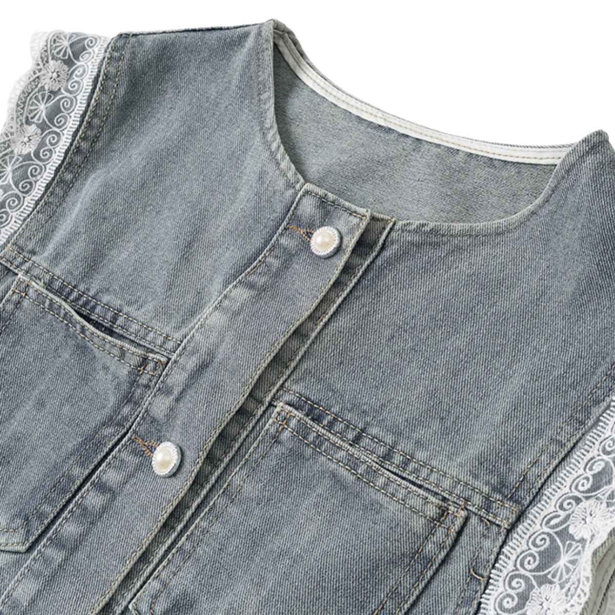 Vintage Wash Lace Trim Denim Vest